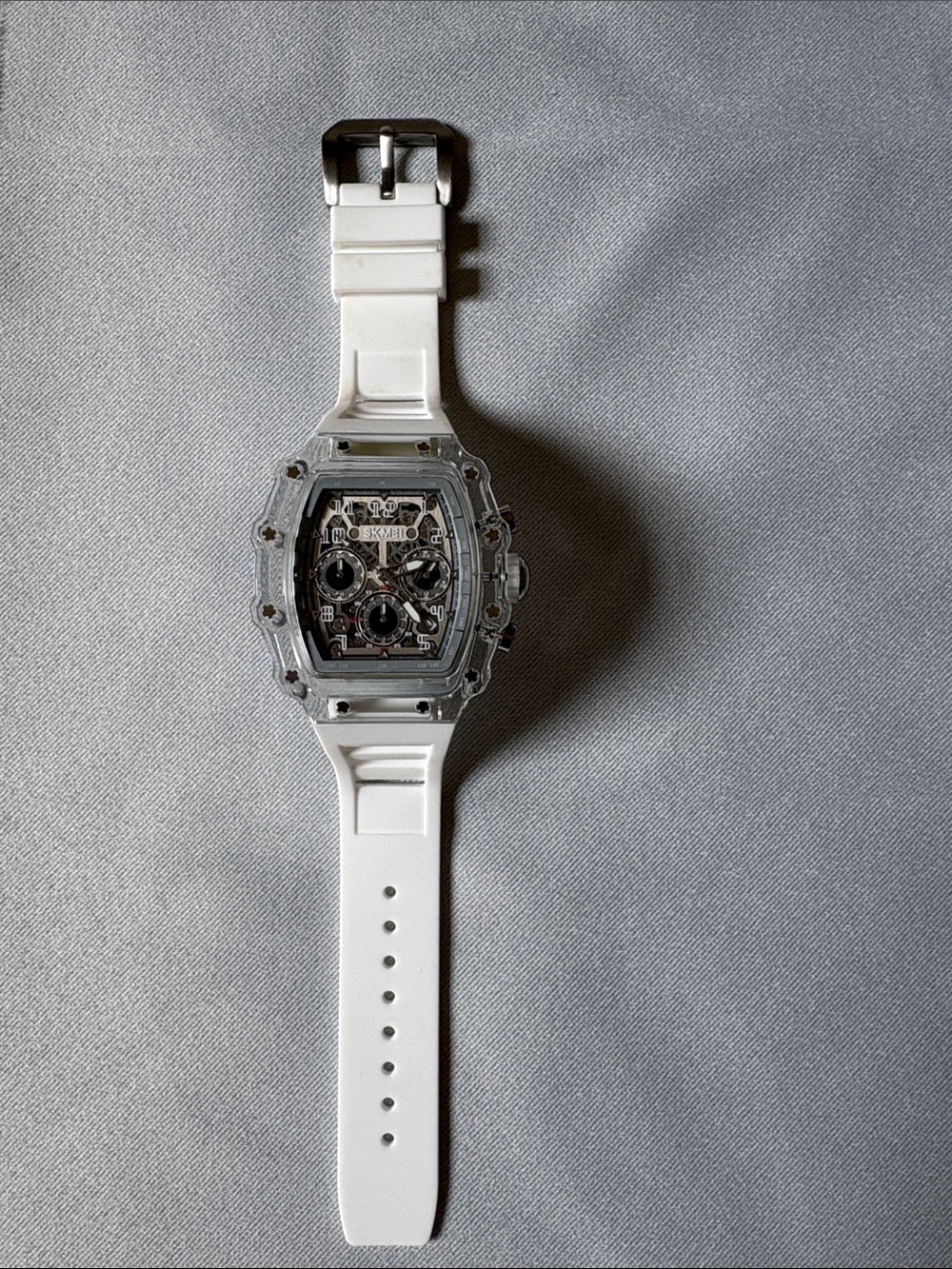 Transparent Barrel Case White Strap Skeleton Dial Watch - Picture 5 of 14